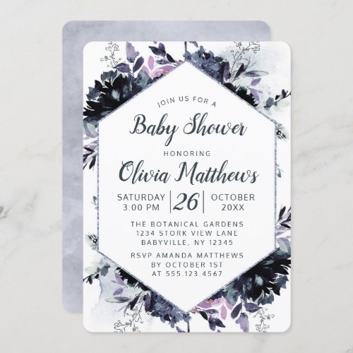 Nocturnal Floral Navy Blue  Gray Baby Girl Shower Invitation