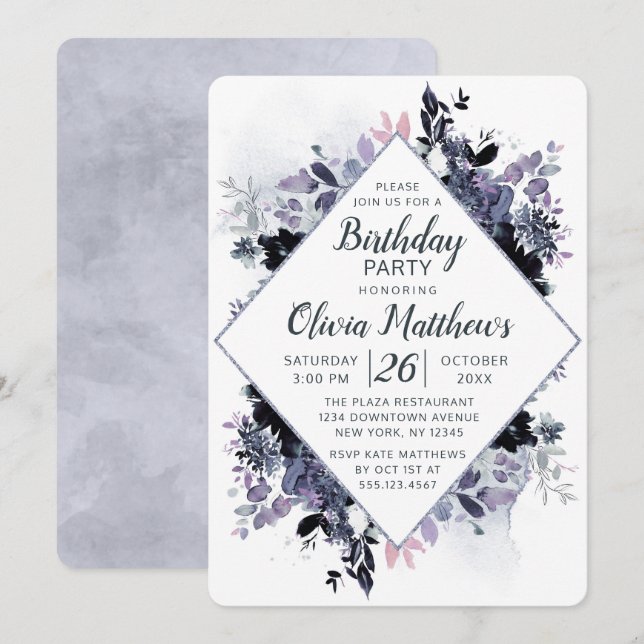 Nocturnal Floral Navy Blue & Gray Birthday Party Invitation (Front/Back)
