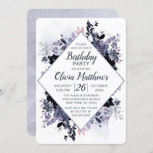 Nocturnal Floral Navy Blue  Gray Birthday Party Invitation