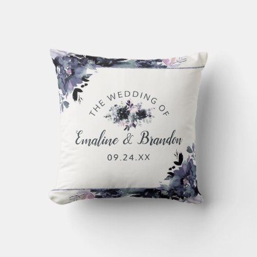 Nocturnal Floral Navy Blue Watercolor Wedding Throw Pillow