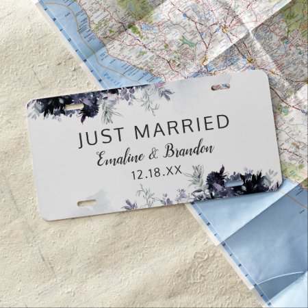 Nocturnal Floral Navy Blue Wedding Just Married License Plate