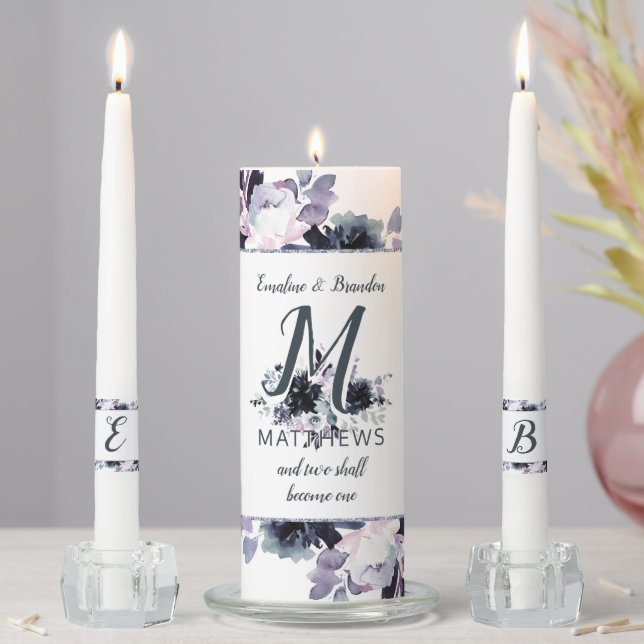 Nocturnal Floral Navy Blue Wedding Monogram Unity Candle Set (In Situ)