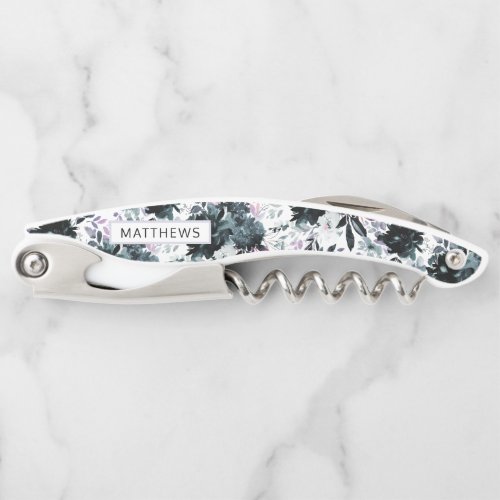 Nocturnal Floral Navy Blue Wedding Monogram Waiters Corkscrew