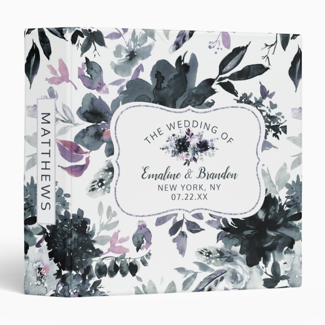Nocturnal Floral Navy Blue Wedding Photo Album 3 Ring Binder (Front/Spine)
