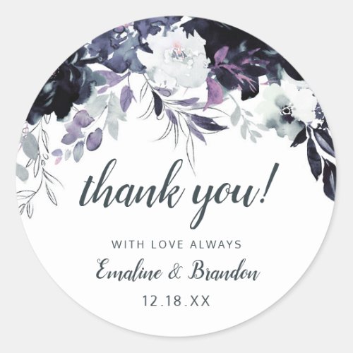Nocturnal Floral Navy Blue Wedding Thank You Classic Round Sticker