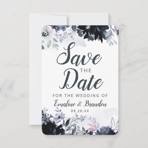 Nocturnal Floral Navy Dusty Blue Brush Strokes Save The Date