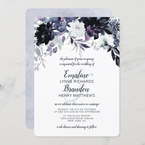Nocturnal Floral Navy Dusty Blue Floral Wedding Invitation