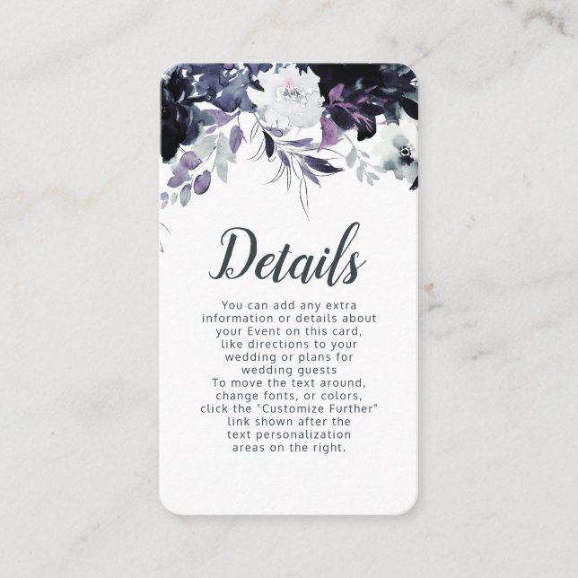 Nocturnal Floral Navy Dusty Blue Wedding Details Enclosure Card (Front)