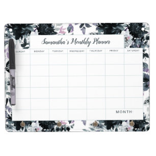 Nocturnal Floral Navy Monthly Planner Calendar Dry Erase Board With Keychain Holder