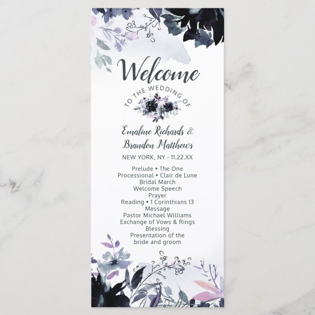 Nocturnal Floral Navy Watercolor Wedding Ceremony Program (Front)