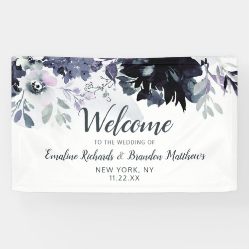 Nocturnal Floral Navy Watercolor Wedding Welcome Banner