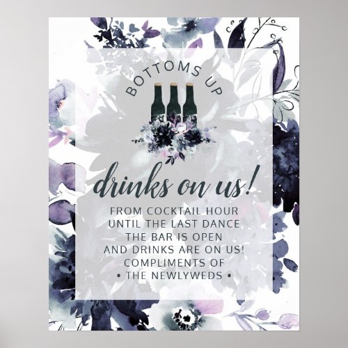Nocturnal Floral Navy Wedding Open Bar Table Sign