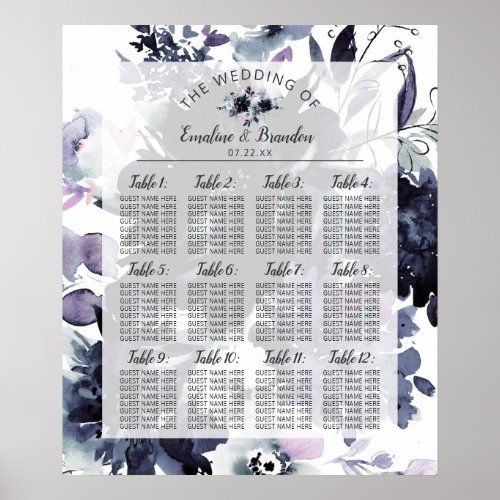 Nocturnal Floral Navy Wedding Table Seating Chart