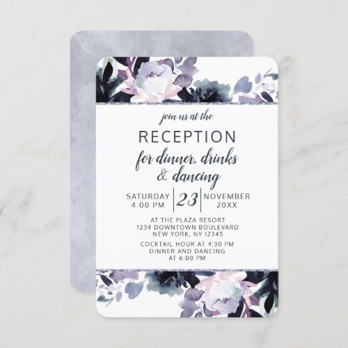 Nocturnal Floral Silver Frame Wedding Reception Invitation