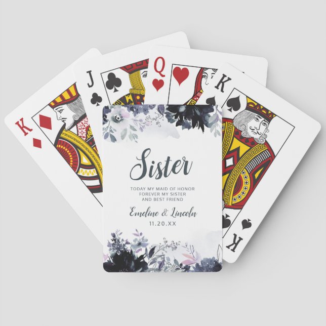 Nocturnal Floral Sister Maid of Honor Personalized Poker Cards (Back)