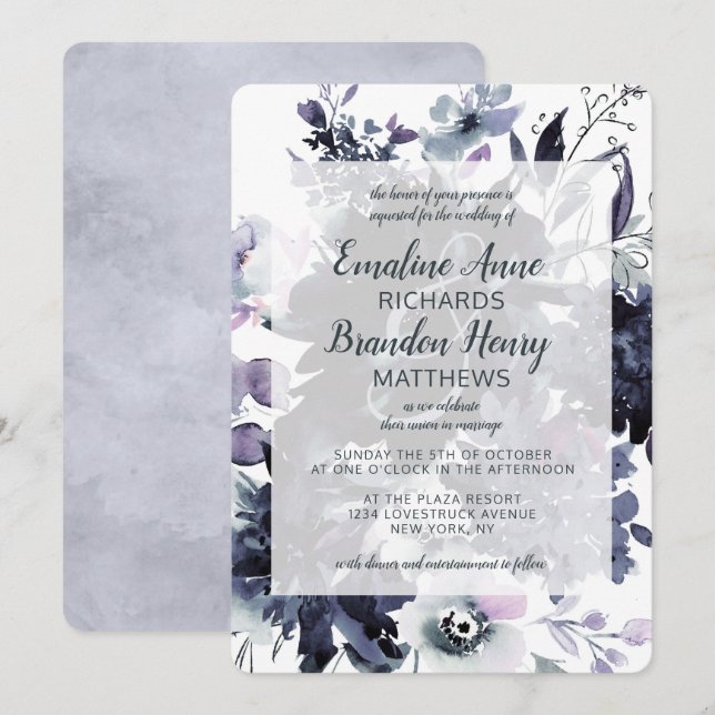 Nocturnal Floral Watercolor Dusty Blue Wedding Invitation (Front/Back)