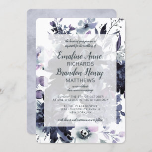 Nocturnal Floral Watercolor Dusty Blue Wedding Invitation