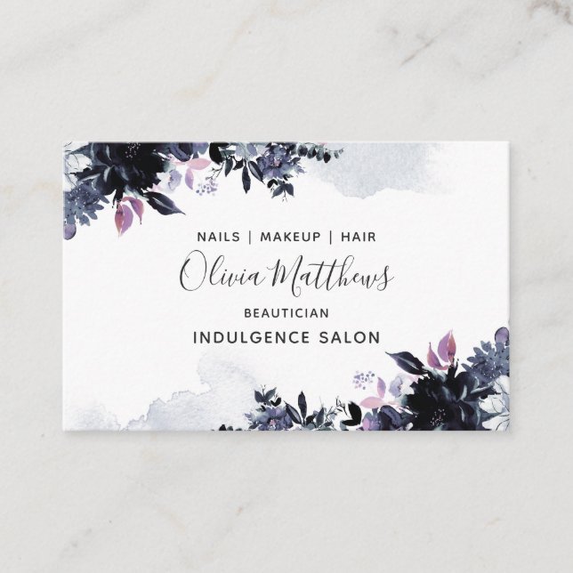 Nocturnal Floral Watercolor Navy Blue Dark Gray Business Card (Front)