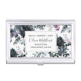 Nocturnal Floral Watercolor Navy Blue Dark Gray Business Card Case