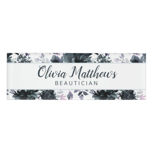 Nocturnal Floral Watercolor Navy Blue Name Name Tag