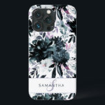 Nocturnal Floral Watercolor Navy Custom Monogram iPhone 13 Pro Case<br><div class="desc">Nocturnal Floral Watercolor Navy Blue Dark Gray Flower Pattern with Boho Hand Painted Flowers, Feathers, and Plenty of colorful Gray, Navy Blue, Dusty Blue, Mauve Pink, Lavender Purple, Silver, and Charcoal leaves and foliage. With Hand Drawn Line elements, Swirly Hand Lettered Fonts and Stylish Silver Glitter Frame & Typography -...</div>