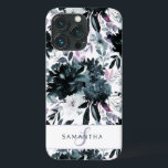 Nocturnal Floral Watercolor Navy Custom Monogram iPhone 13 Pro Case<br><div class="desc">Nocturnal Floral Watercolor Navy Blue Dark Gray Flower Pattern with Boho Hand Painted Flowers, Feathers, and Plenty of colorful Gray, Navy Blue, Dusty Blue, Mauve Pink, Lavender Purple, Silver, and Charcoal leaves and foliage. With Hand Drawn Line elements, Swirly Hand Lettered Fonts and Stylish Silver Glitter Frame & Typography -...</div>