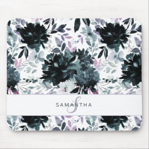 Nocturnal Floral Watercolor Navy Custom Monogram Mouse Pad