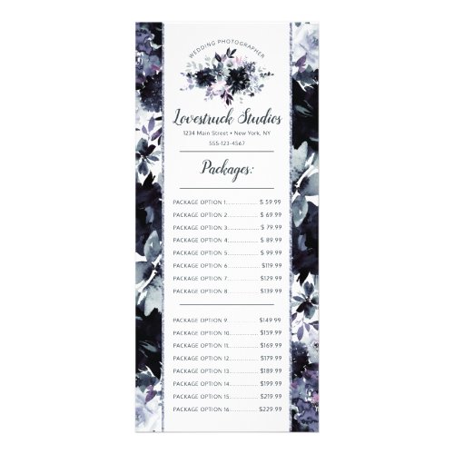 Nocturnal Floral Watercolor Navy Custom Price List Rack Card