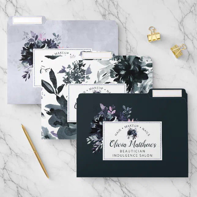 Nocturnal Floral Watercolor Navy Monogram File Folder | Zazzle