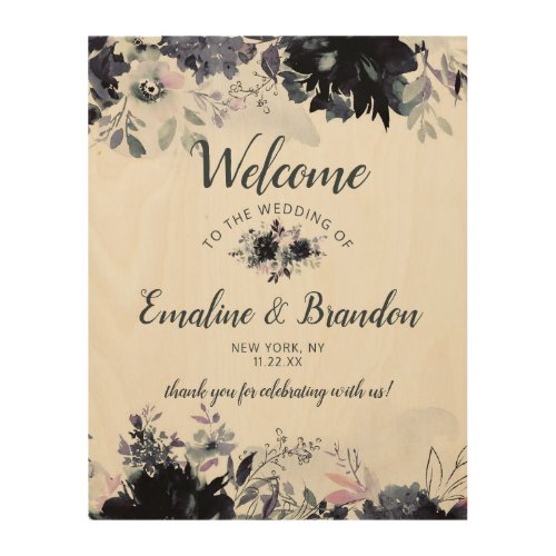 Nocturnal Floral Watercolor Wedding Welcome Sign