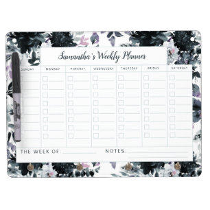 Nocturnal Floral Watercolor Weekly To-Do Planner Dry Erase Board With Keychain Holder