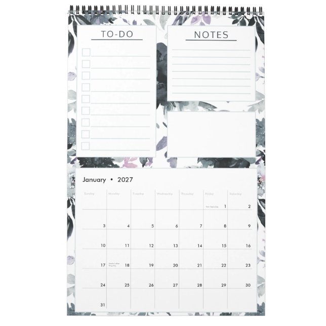 Nocturnal Floral Watercolor Yearly Monthly Planner Calendar (Jan 2027)