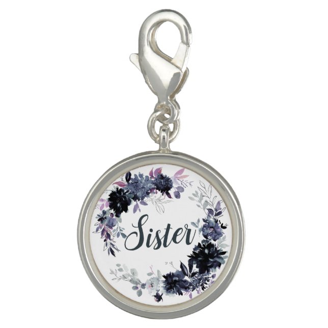 Nocturnal Floral Wreath Navy Watercolor Sister Charm (Front)