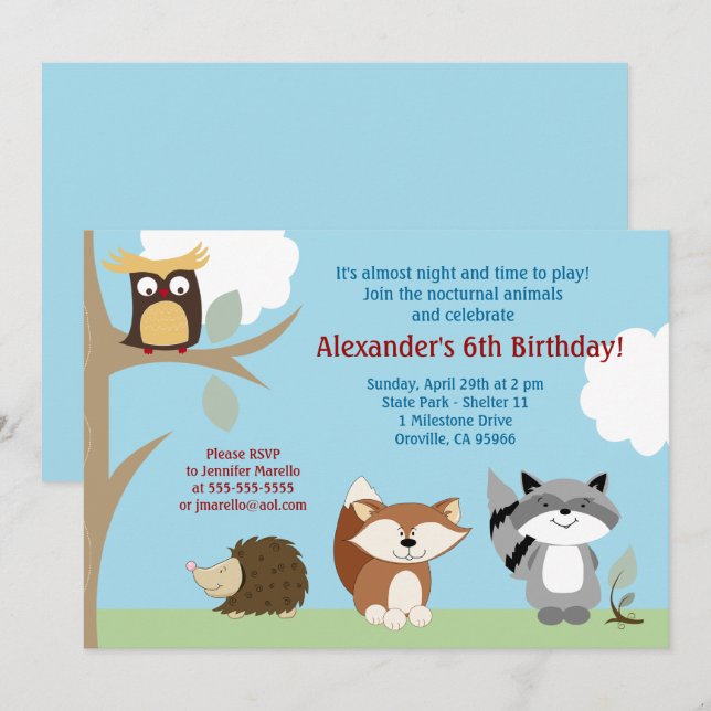 Nocturnal Forest Animals 5x7 Birthday Invitation (Front/Back)