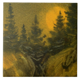 Nocturnal full moon on pines on mountain rocks ceramic tile