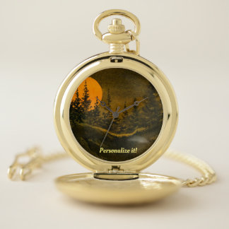 Nocturnal landscape with Hunter's Moon, pine hills Pocket Watch