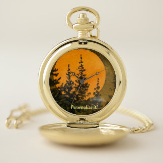Nocturnal landscape with Hunter's Moon, pine hills Pocket Watch