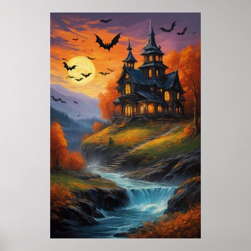 Nocturnal Whispers Halloween Mansion Poster