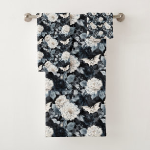 Nocturne Bloom – Bats & Blossoms in Monochrome Bath Towel Set