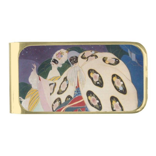 NOCTURNE WITH MASKS / Art Deco Venetian Masquerade Gold Finish Money Clip (Front)