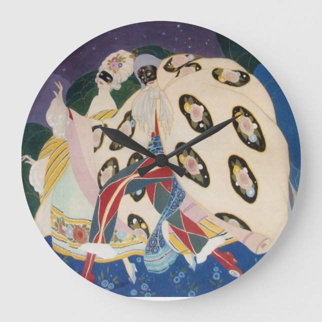 NOCTURNE WITH MASKS / Art Deco Venetian Masquerade Large Clock (Front)