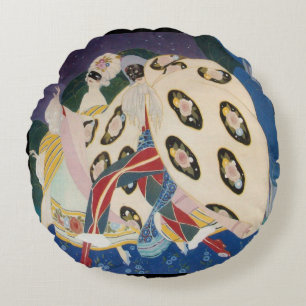 NOCTURNE WITH MASKS / Art Deco Venetian Masquerade Round Pillow