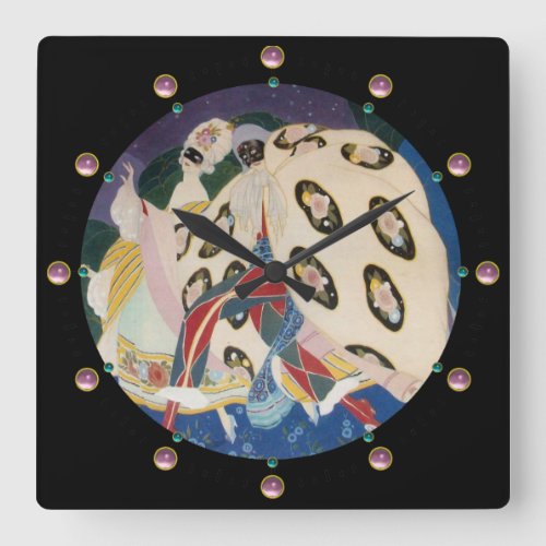 NOCTURNE WITH MASKS  Art Deco Venetian Masquerade Square Wall Clock