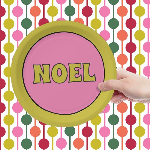 Noel 1970s Retro Lettering Pink and Lime Christmas Paper Plates