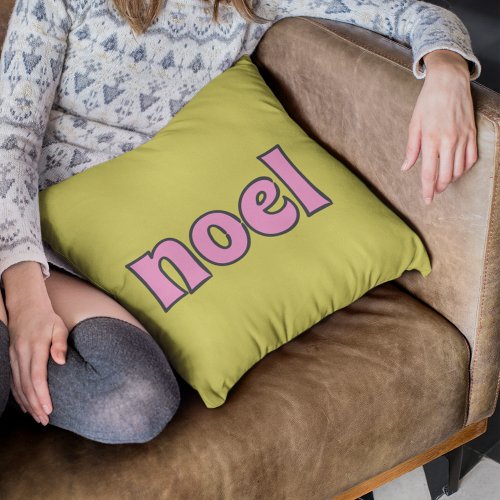 Noel 1970s Retro Lettering Pink and Lime Christmas Throw Pillow