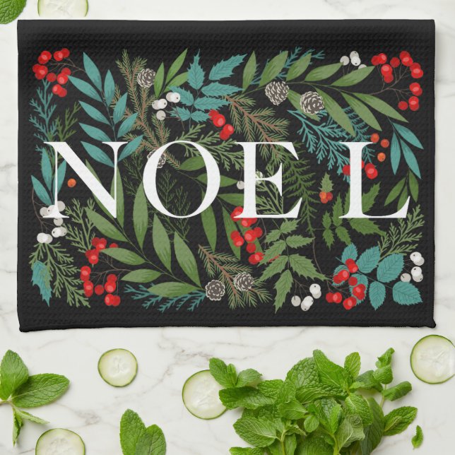 NOEL and Greenery Black Kitchen Towel (Folded)