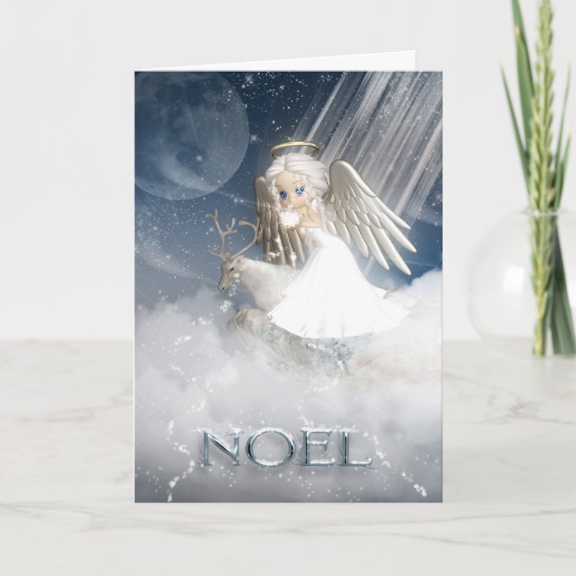 NOEL, Angel Blowing Snow Over The World Holiday Card (Front)
