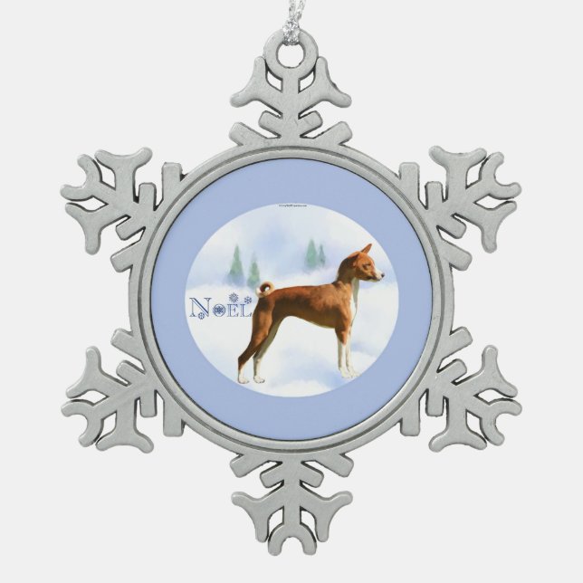 Noel Basenji Keychain Snowflake Pewter Christmas Ornament (Front)