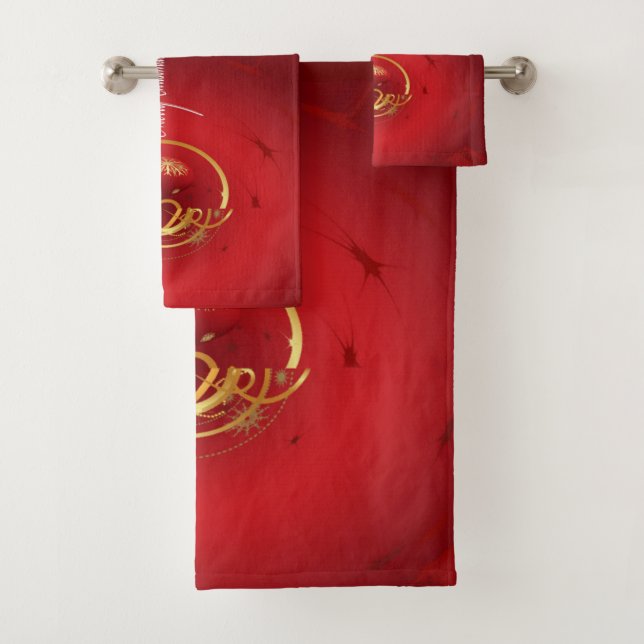 Noel Bells Have a Blessed Nice Day Red Christmas Bath Towel Set (Insitu)