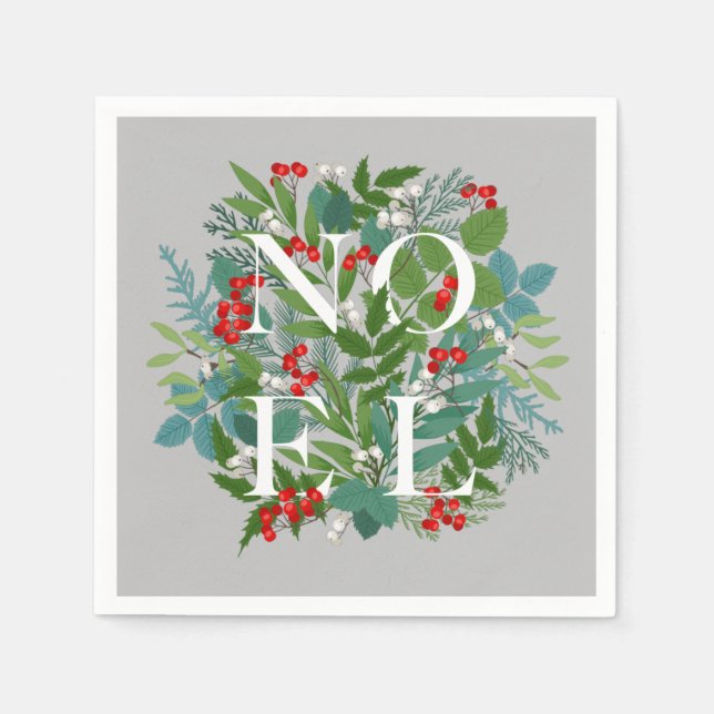 NOEL Berries and Greenery Christmas Napkins (Front)